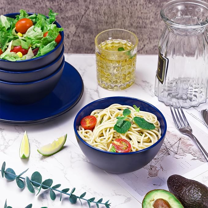 TP 12-Piece Melamine Dinnerware Sets, Plates and Bowls Dishes Set for 4, Break-Resistant & Non-Microwavable, Lightweight Dinner Plates, Black and Blue