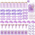 Vesici 73 Pcs Spa Sleepover Party Supplies Bulk Women 8 Sets Slumber Birthday Bridesmaid Gift Crochet Flower Glass Cup Eye Mask Hair Ties Gift Bag Bracelets Scrunchies Headband(Cherry Blossoms,Purple)