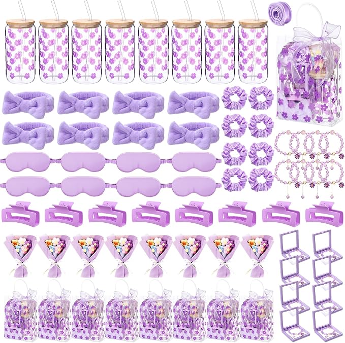 Vesici 73 Pcs Spa Sleepover Party Supplies Bulk Women 8 Sets Slumber Birthday Bridesmaid Gift Crochet Flower Glass Cup Eye Mask Hair Ties Gift Bag Bracelets Scrunchies Headband(Cherry Blossoms,Purple)