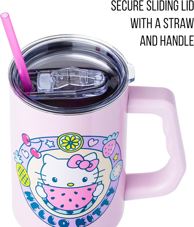 Silver Buffalo Sanrio Hello Kitty Summer Kawaii Fruits Double Walled Stainless Steel Tumbler with Handle, Fits in Standard Cup Holder, 40 Ounces