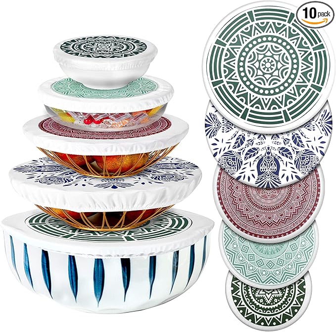 Patelai 10 Pcs Bowl Covers Reusable in 5 Size Stretch Cloth Fabric Elastic Food Storage Bowl Covers Bread Sourdough Lids for Proofing Food Fruits Leftover(Red, Green, Blue,Rustic Style)