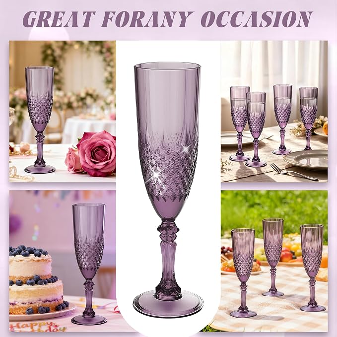 Plastic Champagne Flutes, Champagne Glasses Bulk, Reusable Unbreakable Acrylic Wine Glasses Goblets for Weddings Bachelor Parties Toasting Bridal Shower (48, Dark Purple)