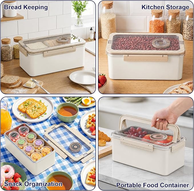 QCQHDU Bread Box, Time Recording Stainless Steel Corner Fresh Bread Box Airtight Keeper Food Storage Container for Kitchen Countertop Homemade Breadbox BPA Free, 5800ML Large Capacity, Beige