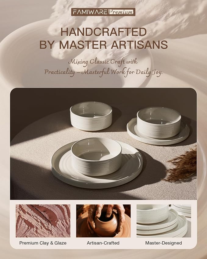Stoneware Dinnerware Sets for 4, 12-Piece High Edge Plates and Bowls with Speckled Glaze & Spiral Design - Chip & Scratch Resistant, Microwave & Dishwasher Safe - Farmhouse, Cream