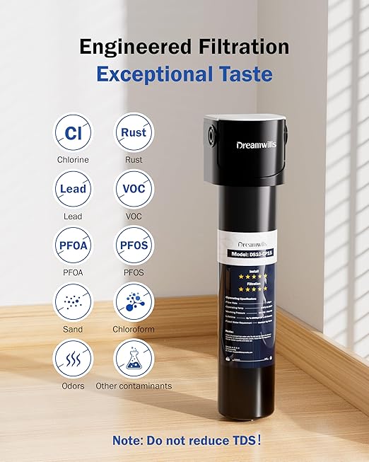 Dreamwills DS15 Under Sink Water Filter with CP15 Replacement Filter, Tool-Free Installation, Reduces Lead and Chlorine, 2-Year Long-Lasting Filtration System