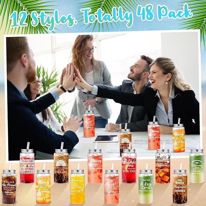 Pickmesh 48 Pcs Employee Appreciation Gifts Bulk 13.5 oz Plastic Thank You Cups Clear Reusable Tumbler with Straw and Lid for Employees Coworker Staff Team Teacher Gifts