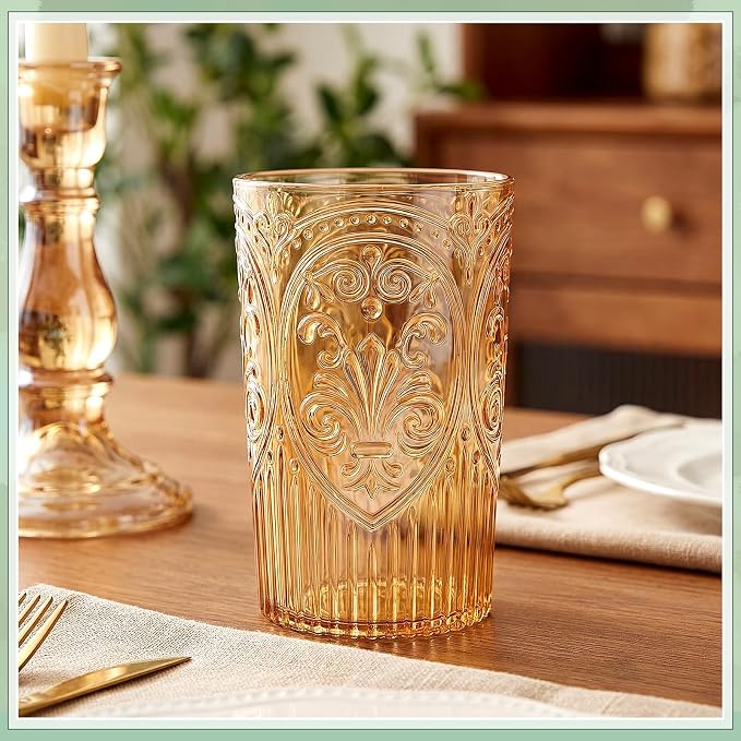 48 Pcs 16 oz Plastic Vintage Drinking Glasses Stemless Ribbed Highball Glasses Bulk Embossed Reusable Cup for Water Beer Cocktails Juice Wedding Bridal Shower Birthday Event Party (Amber)