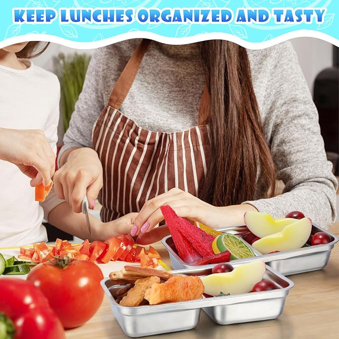 Teenyyou 12 Pcs Stainless Steel Snack Containers 30 oz 2-compartment Meal Prep Containers Reusable Metal Divided Bento Box with Silicone Lids Leakproof Lunch Box Dishwasher Safe (Blue)