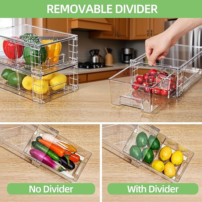 Small Stackable Clear Acrylic Storage Drawers(4 Pack) with Handles,Plastic Organizer Bins for Fridge Bathroom Kitchen Cabinet Pantry Coffee bar Undersink Office Closet Storage Bins