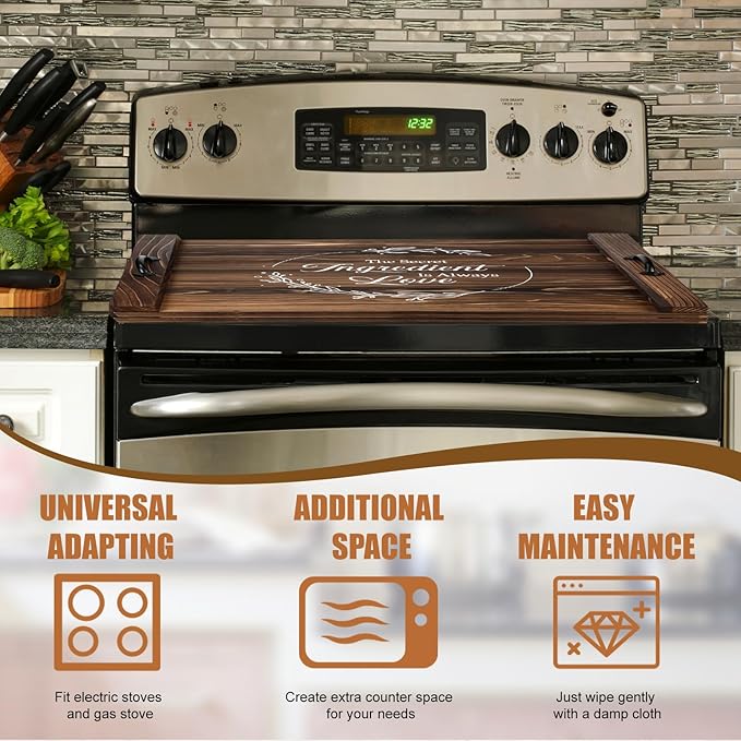 Patelai Noodle Board Stove Wooden Cover Stove Top Cutting Board with Handles 27.5 X 21.6 Inches Sink Cover for Electric Gas Burners Kitchen Counter Space(Thankful Style)