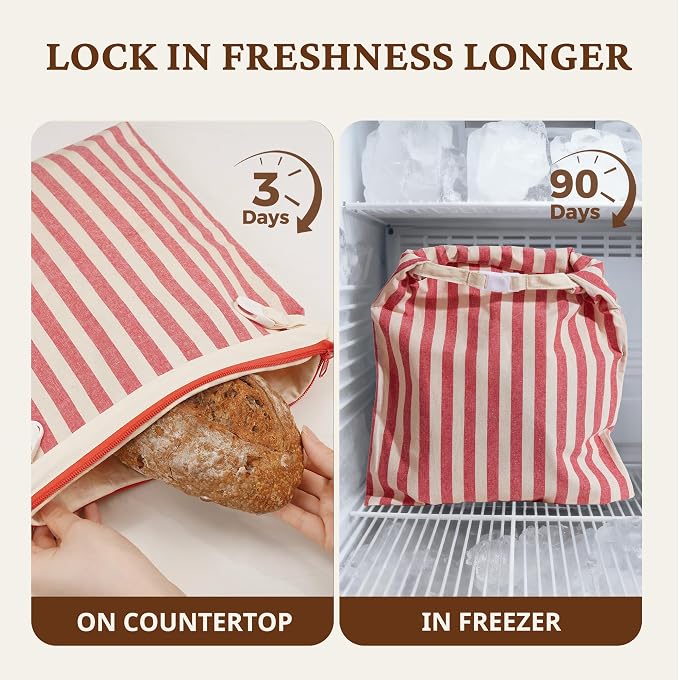 BRONYPRO Reusable Beeswax and Linen Bread Bags with Zipper, 2-Pack Waxed Bread Bags for Homemade Bread & Sourdough, Sustainable Loaf Storage to Lock in Freshness, Large 17x12.6in, Red Stripe