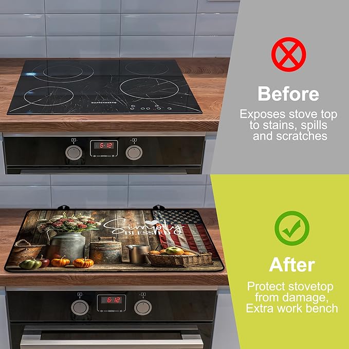 Glass Stove top Cover 28"x 20", Stove Top Covers for Electric Stove, Flat Range Mat for Glass Cooktop, Kitchen Heat-Resistant Protector Non-Slip Drying Mat (Simply Blessed Rustic Items)