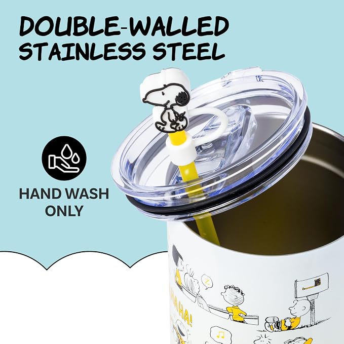 Silver Buffalo Peanuts Iconic Scenes Charlie Brown, Snoopy, Woodstock, Lucy, Sally, Linus Double Walled Stainless Steel Tumbler with Handle, Straw, & Straw Cap, Fits in Standard Cup Holder, 40 Ounces