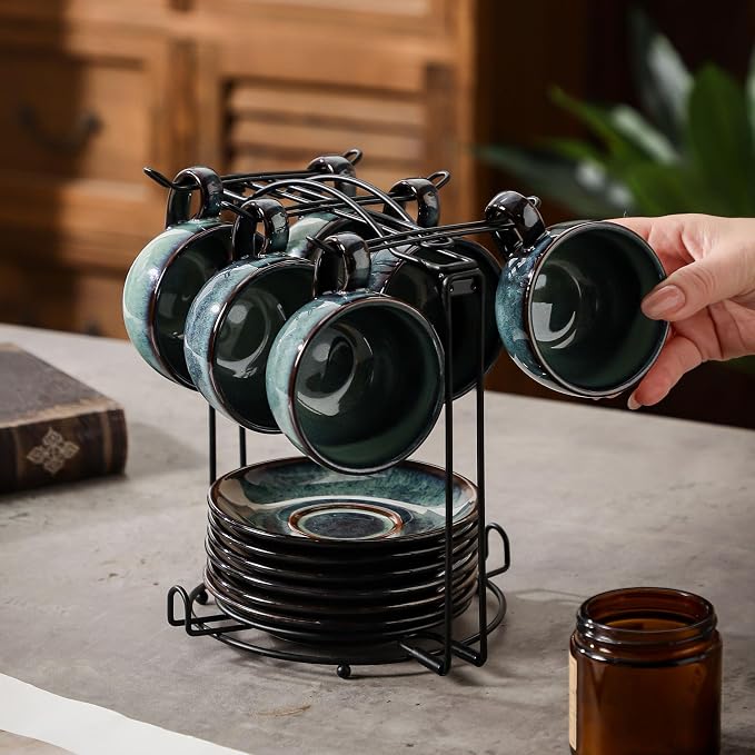 6 sets of 4OZ green coffee cup saucer sets, ceramic coffee cups with metal display racks, unique kiln enamel technology, suitable for tea, espresso, latte, cappuccino (6, Green, 4, ounces)