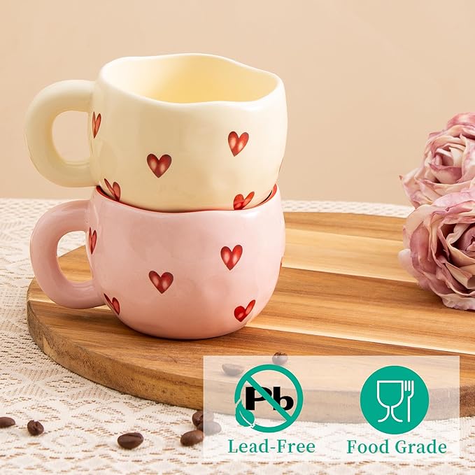 4pcs Ceramic Heart Mugs, 9.4OZ Cute Love Coffee Cup Set, Pink & Yellow, Dishwasher Safe Espresso/Latte Mugs Set, Gift for Women/Mom/Girl Friend(Love)
