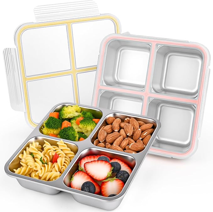 2 Pack Stainless Steel Snack Containers with Lids, Leakproof 4 Compartment Bento Lunch Boxes, Reusable Metal Meal Prep Food Storage Containers, Dishwasher Safe for Work, Travel, Picnic