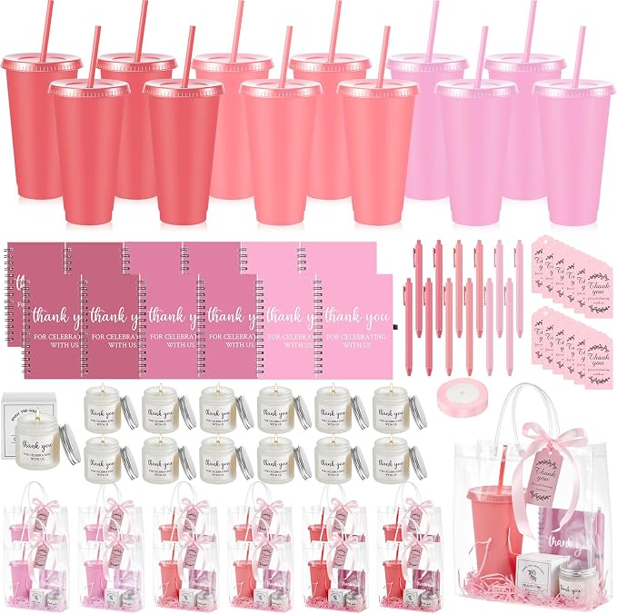 Nuogo 12 Sets New Parent Shower Prizes for Player Winners Adult, Wedding Bridal Shower Gift, Plastic Tumbler Notebook Scented Candle Ballpoint Pen Bag (Gradient Pink,Classic Style)