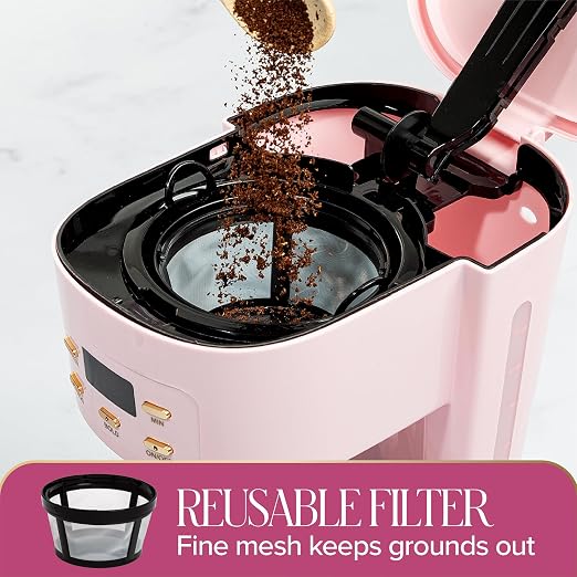 Paris Hilton Digital Coffee Maker, 12-Cup Programmable Drip Coffee Machine with Reusable Filter, Bold Brew, Auto Pause and Serve, Keep-Warm Plate, Glass Carafe, Pink