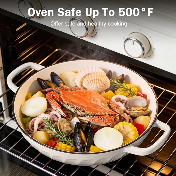 Enameled Cast Iron Dutch Oven, 3.8 Quart Dutch Oven Pot with Lid, Shallow Cast Iron Braiser with Handles, Oven Safe up to 500°F (Caramel White)