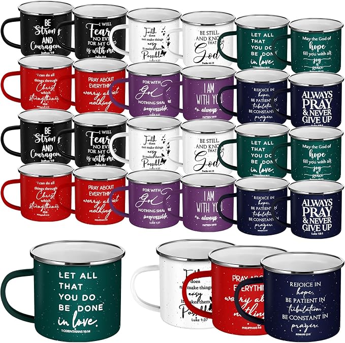 Mifoci Christian Enamel Mugs Gifts Inspirational Coffee Mugs with Handle Bible Verse Religious Camping Cups Church Party Favors for Church Clergy Pastor Men(Colorful,24 Pcs)