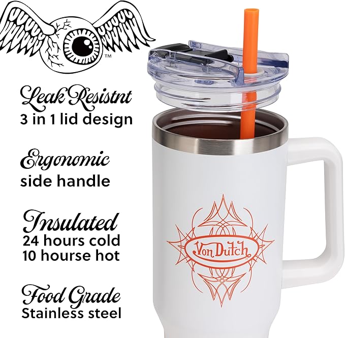 Von Dutch White City of Angels 40oz Double Walled Insulated Food Grade Stainless Steel Tumbler, BPA Free - 24 Hours Cold / 10 Hours Hot