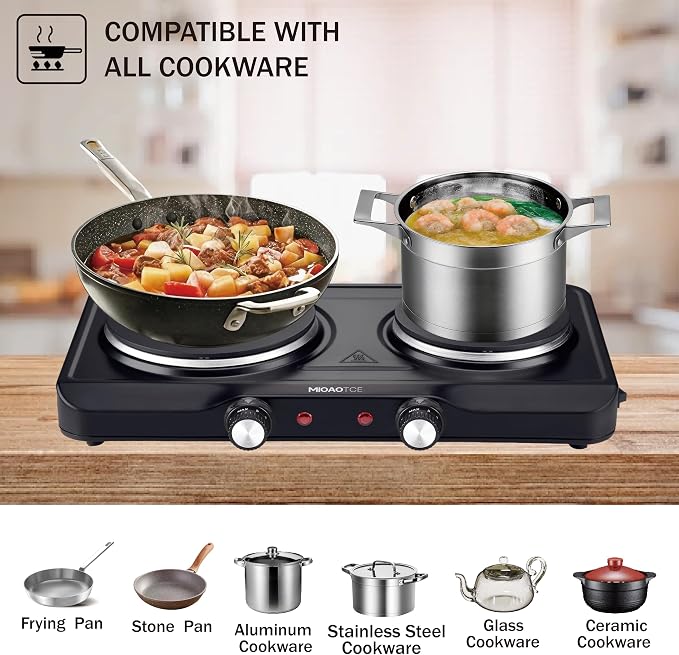 1800W Electric Hot Plate for Cooking, Double Burner with 7.2"&6.1" Cast Iron Heating Plate, Portable Cooking Stove, Adjustable Temperature Controls, Easy to Clean, Compatible for All Cookwares
