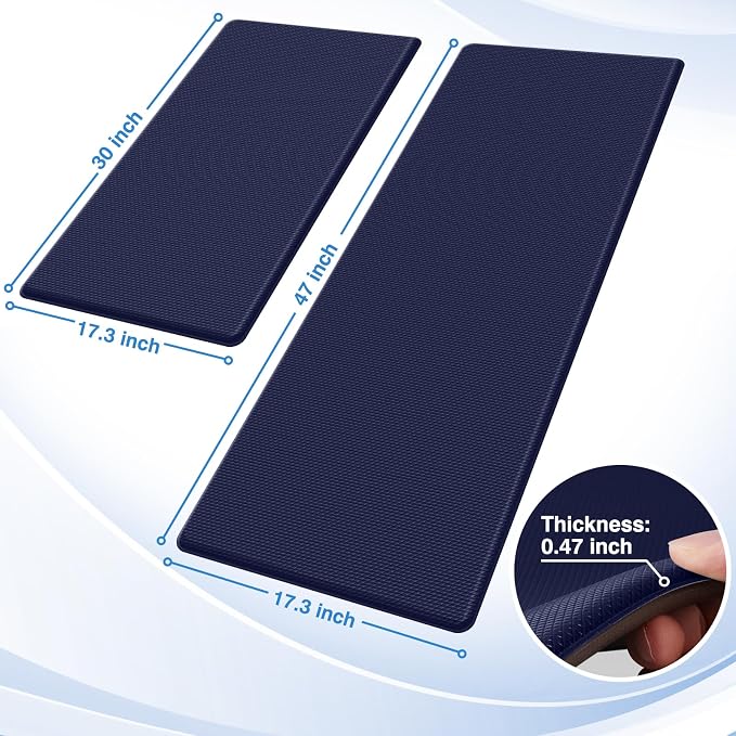 StepRite Kitchen Mats, 2PCS Kitchen Rugs, Cushioned Anti Fatigue Kitchen Mats for Floor, Non-Slip Standing Desk Mat, Waterproof Kitchen Rug Set for Kitchen, Floor, Office, 17.3"x30"+17.3"x47", Blue