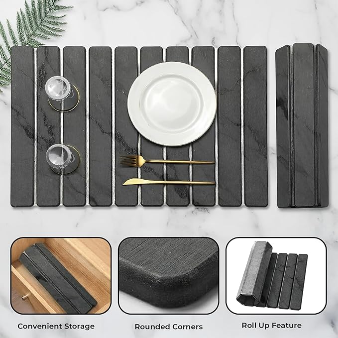 Large Stone Dish Drying Mat 17"x14"x2", Diatomaceous Earth Absorbent Coaster 4"x 4", Foldable Stone Dish Drying Mat, Quick Dry Stone Mat Kitchen - Modern Design Dark Gray