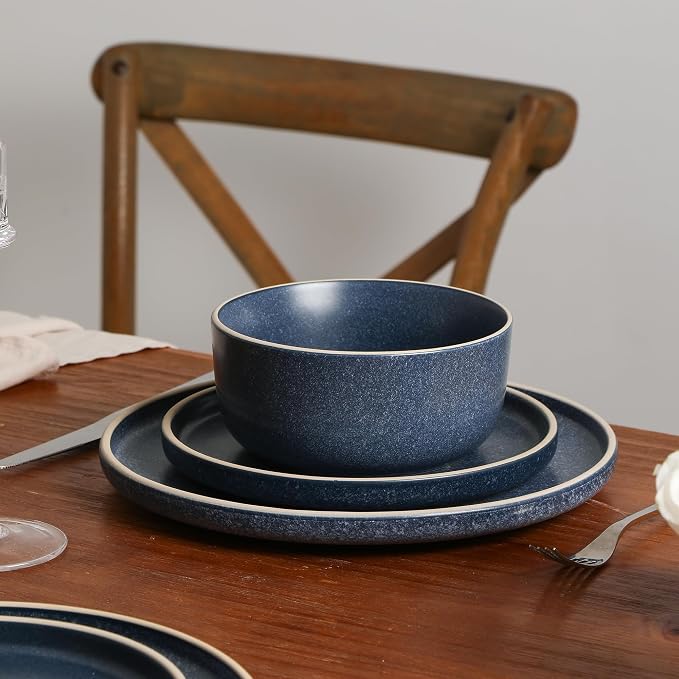Earth & Clay Amber 24-Piece Dinnerware Set Stoneware, Dishwasher and Microwave Safe Plates and Bowls Set, Dish Set for 8, Blue