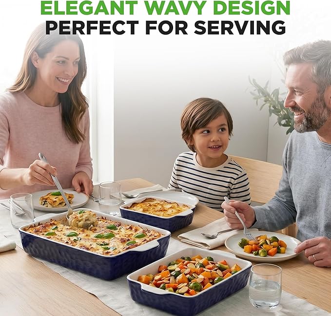 NutriChef 3-Piece Ceramic Casserole Dishes for Oven - Heavy Duty Rectangular Lasagna Baking Pans w/ Premium Nonstick Coating & Handles - PFOS, PTFE, PFOA Free - Microwave & Oven Safe, Royal Blue