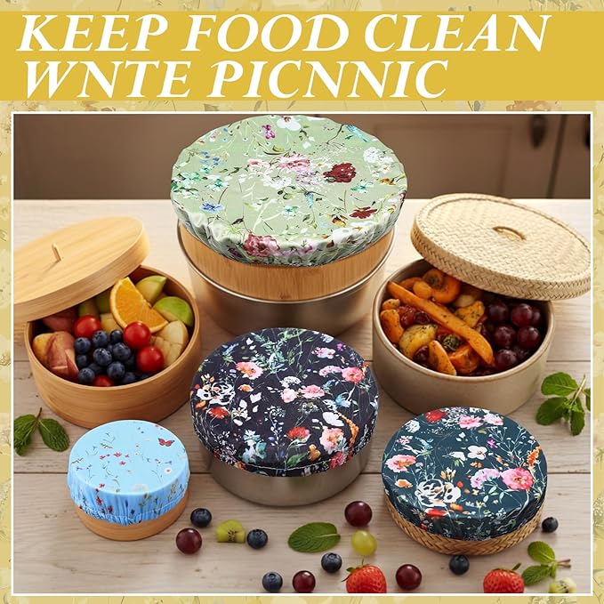 Patelai 10 Pcs Bowl Covers Reusable in 5 Size Stretch Cloth Fabric Elastic Food Storage Bowl Covers Bread Sourdough Lids for Proofing Food Fruits Leftover (Colorful,Rich Flowers)