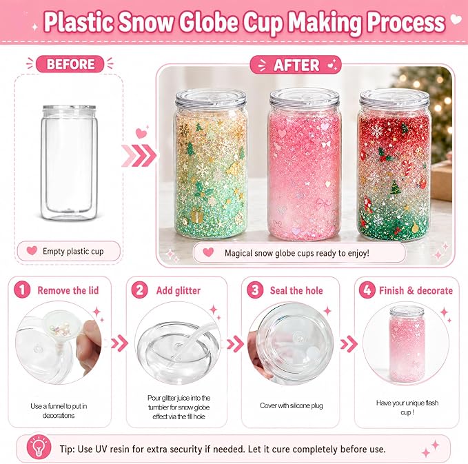 YOUKE OLA 20 Pack Acrylic Snowglobe Tumbler Pre-Drilled Double Wall Plastic Clear Cup for Glitter Snow Globe with Clear Lid & Straws Including DIY Kit 16oz