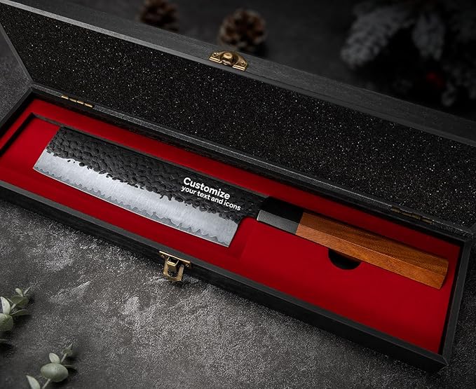 FAMCÜTE Custom Engraved 7'' Nakiri Knife, Hand Forged 5-Layer 9CR18MOV Steel Japanese Chef Knife with Rosewood Handle, Personalized Birthday Gifts for Men/Dad (Luxury Sandalwood Box)