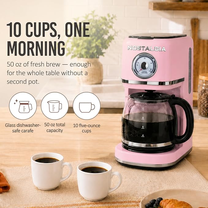 Nostalgia Classic Retro 10 Cup Coffee Maker - One-Touch Drip Brew, Reusable Filter - Anti-Drip, Auto Shutoff, & Time Display - Dishwasher Safe 50 oz Carafe - Pink