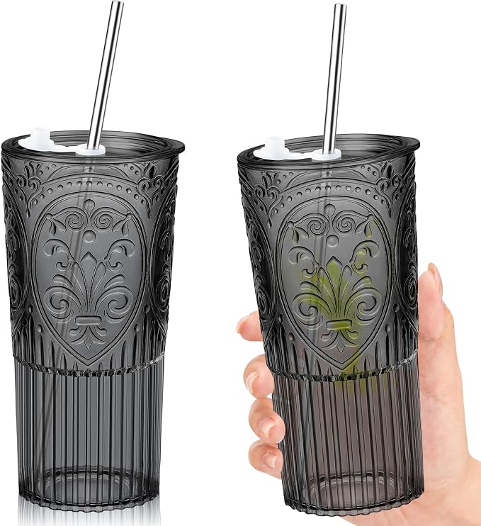 2 Set 20oz Vintage Plastic Tumbler with Lids and Straws Ribbed Floral Drinking Glasses Reusable Iced Coffee Cups for Water Juice Smoothie Cocktail Travel Party Events Gift (Black)