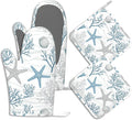 Coastal Beach Starfish Pot Holders and Oven Mitts Set Silicone Ocean Coral Kitchen Gloves Potholders Heat Resistant Washable,Chef Cooking Baking Gifts for Women Men Bakers Lover Cooks