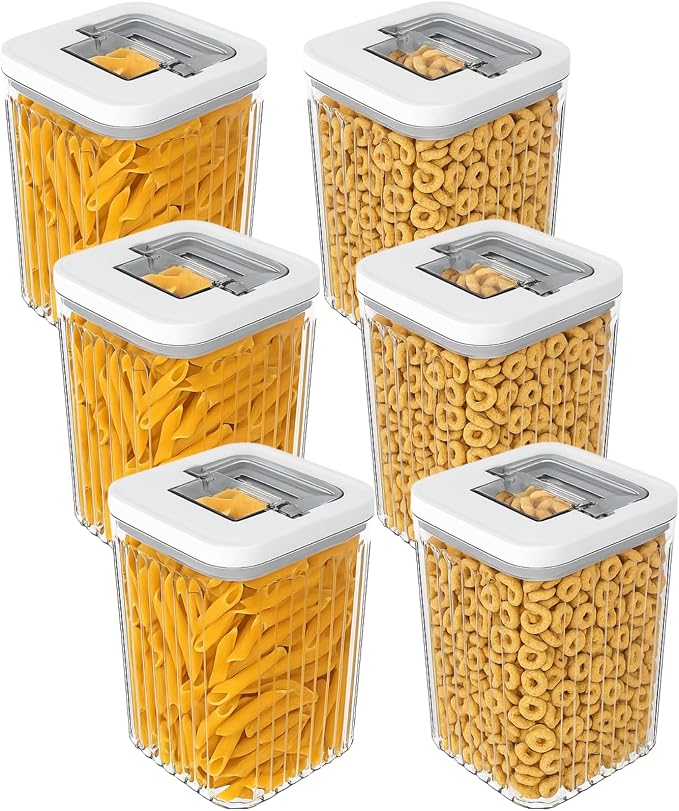 Oggi Airtight Clear Fluted Canister Set of 6 - Stackable Food Storage Containers with Lids, Vintage Modern Farmhouse Style, Kitchen Counter & Pantry Organization, Size - 6 x 64.25 fl oz / 1.6 Lt