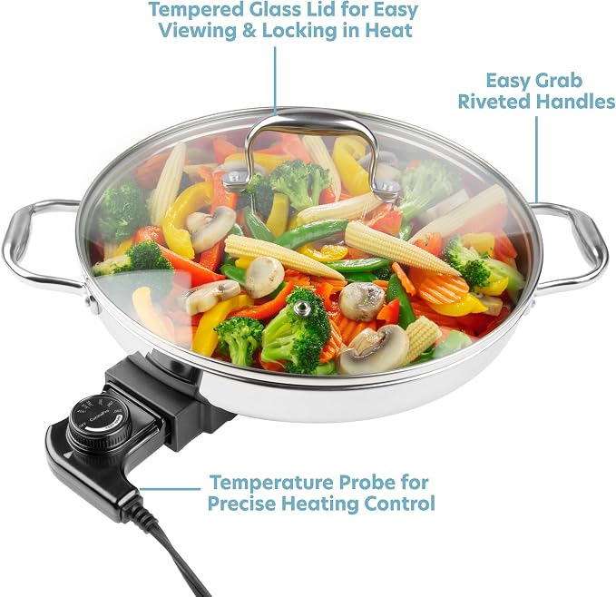 CucinaPro XL Electric 16" Skillet, 18/10 Stainless Steel Pan with Lid | Round with Adjustable Temperature Control Probe, Tempered Glass Lid & Handle, Portable, Durable Cookware Large Family Meal