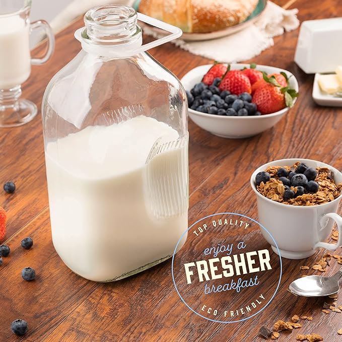 kitchentoolz 64 oz Glass Milk Bottles with Pour Spouts and Tamper-Proof Caps – Half Gallon Containers – 2 Pack – Made in USA