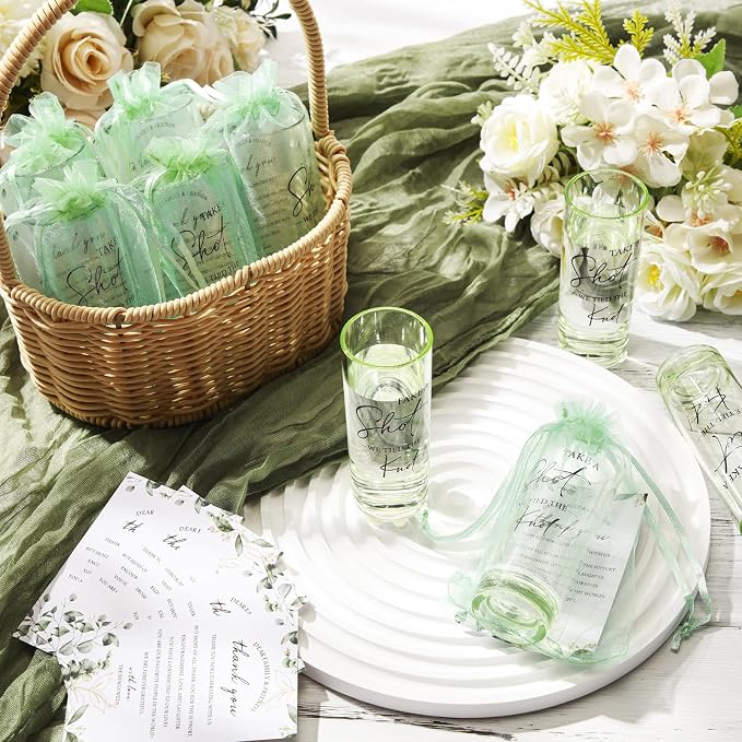Sliner 100 Set Wedding Favors for Guests Bulk 2oz Acrylic Take a Shot We Tied the Knot Shot Glasses with Thank You Cards Organza Bags for Guest Souvenir Wedding Bridal Shower Gifts (Sage Green,Black)