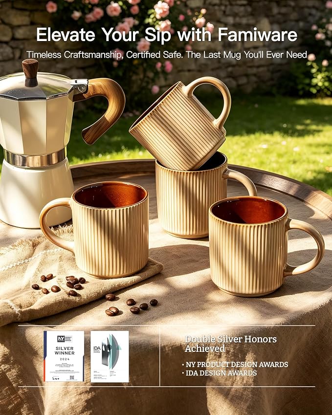 famiware Coffee Mug Set for 6, Star 12 oz Catering Mugs Cup Set with Handle for Coffee, Tea, Cocoa, Milk - Ceramic Stoneware Drinkware Set, Cream Cocoa