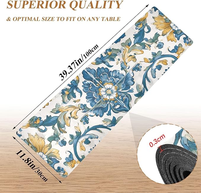 2 in 1 Table Runner Trivet for Hot Pots and Pans Heat Resistant Non Slip Waterproof 39 x 12 Inch Decorative Table Protector for Kitchen Countertop Floral Blue and Yellow Tile
