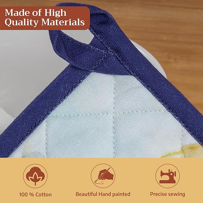 Maison d' Hermine 100% Cotton Oven Mitt & Pot Holder Set (7.5"x13" & 8"x8") Heat Resistant Cooking Gloves with Loop Baking Grilling Kitchen Gifts for Mothers Day Spring/Summer (Lazy Summer Days)
