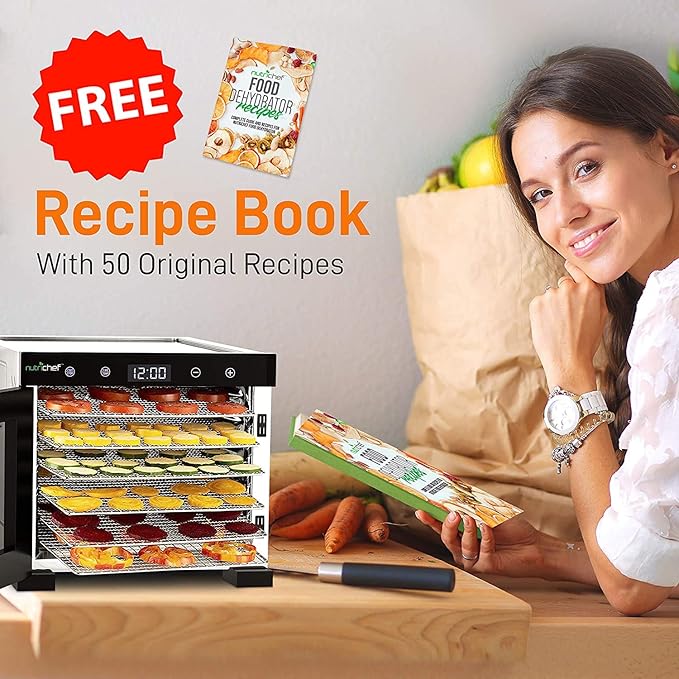 NutriChef Electric Countertop Food Dehydrator Machine - 600-Watt Premium Multi-Tier Meat Beef Jerky Maker Fruit/Vegetable Dryer w/ 6 Stainless Steel Trays, Digital Timer,Temperature Control NCDH6S , BLACK