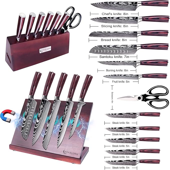Kitchen Knives Set with Block HOABLORN Luxury 19pcs Magnetic Block Knife Sets :Acacia Knife Holder with Strong Magnet Heart,Damascus Kitchen Knives German Stainless Steel The One for Your Chefs