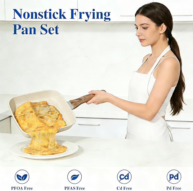 HealSmart 3 Pieces Nonstick Grill Pan Set, Square Cooking Skillets with Wooden Handles, PFOA-Free Multi-size Griddle Pans Fit All Stovetops, Indoor & Outdoor Cooking, 9.5",10.2",11", Beige
