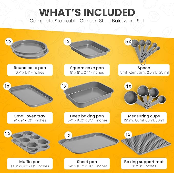 Non-Toxic PFOA-Free Stackable Bakeware Set, Professional Gauge Carbon Steel Space-Saving 11pc Nonstick Baking Pans: 6-Cup Muffin Pan, Cookie Sheet, Cake & Roaster Pans, Mats & Cups