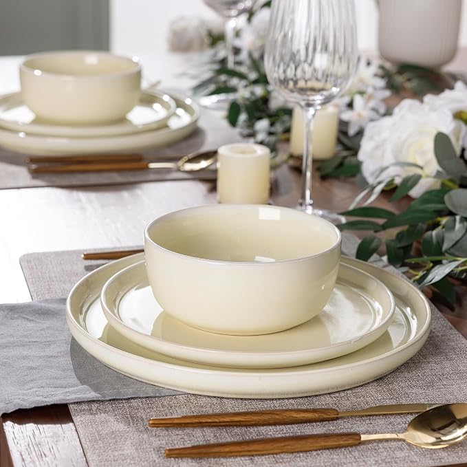 AmorArc Stoneware Dinnerware Sets for 4,Round Reactive Glaze Ceramic Plates and Bowls Set,Highly Scrath Resistant | Dishwasher & Microwave Safe Dishes Set,Service for 4 (12pc)