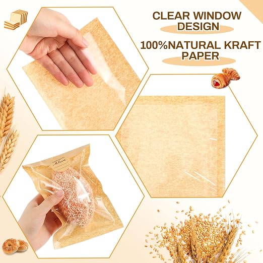 Outus 100 Pcs Cookie Packaging Bags with Seal, 5.1 x 7.5 Inch Bakery Pastry Bags with Window, Heat Sealable Grease Resistant Paper to Go Bake Sleeves for Gift Giving Donut Bread Sandwich (Brown)