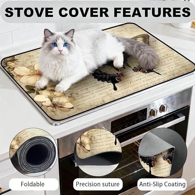 Stove Top Cover for Electric Stove, Vintage Farmhouse Style Glass Cooktop Protector, Multi-functional Kitchen Counter & Washer Top Cover